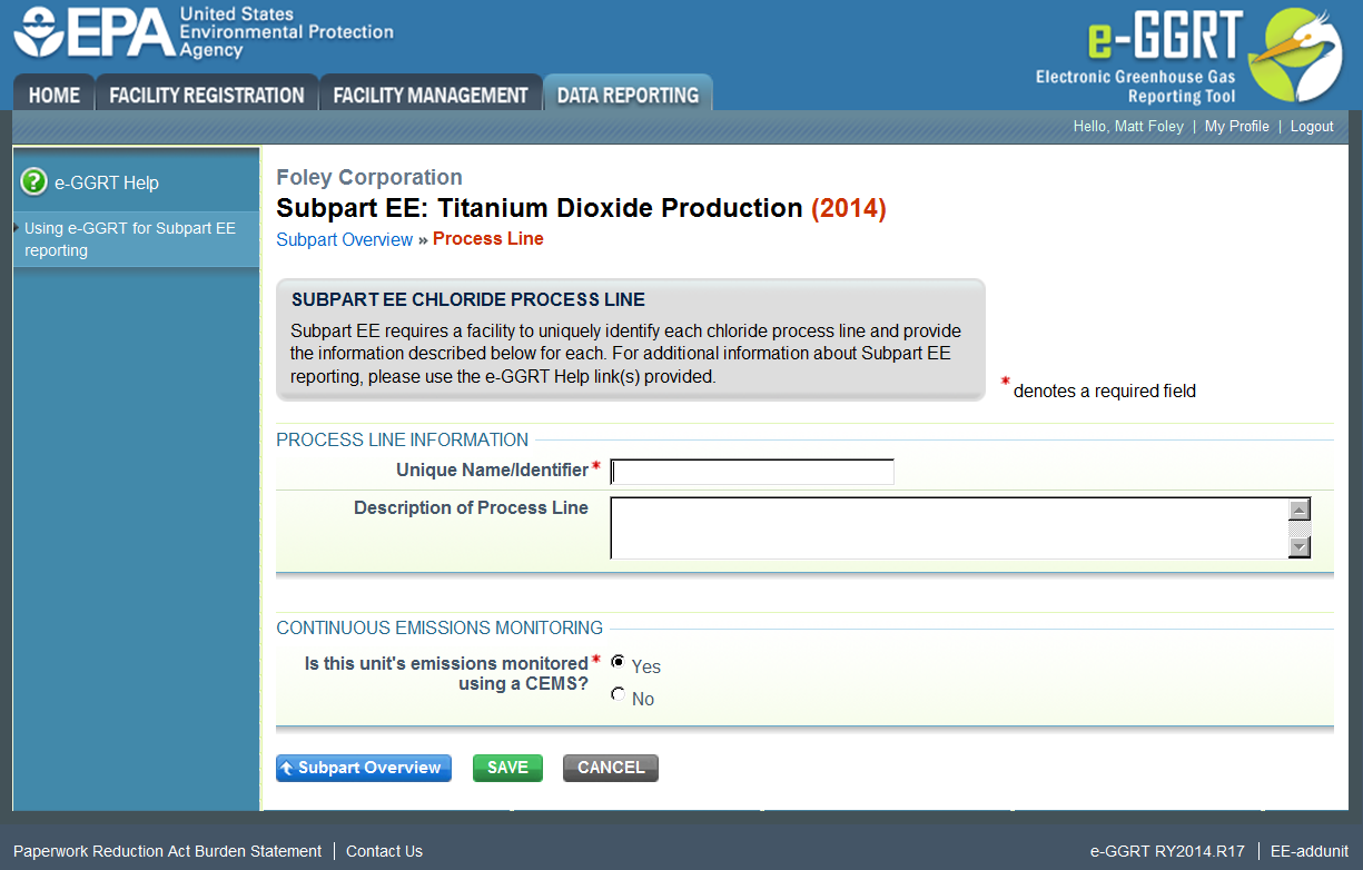 Subpart EE: CEMS Process Line Information